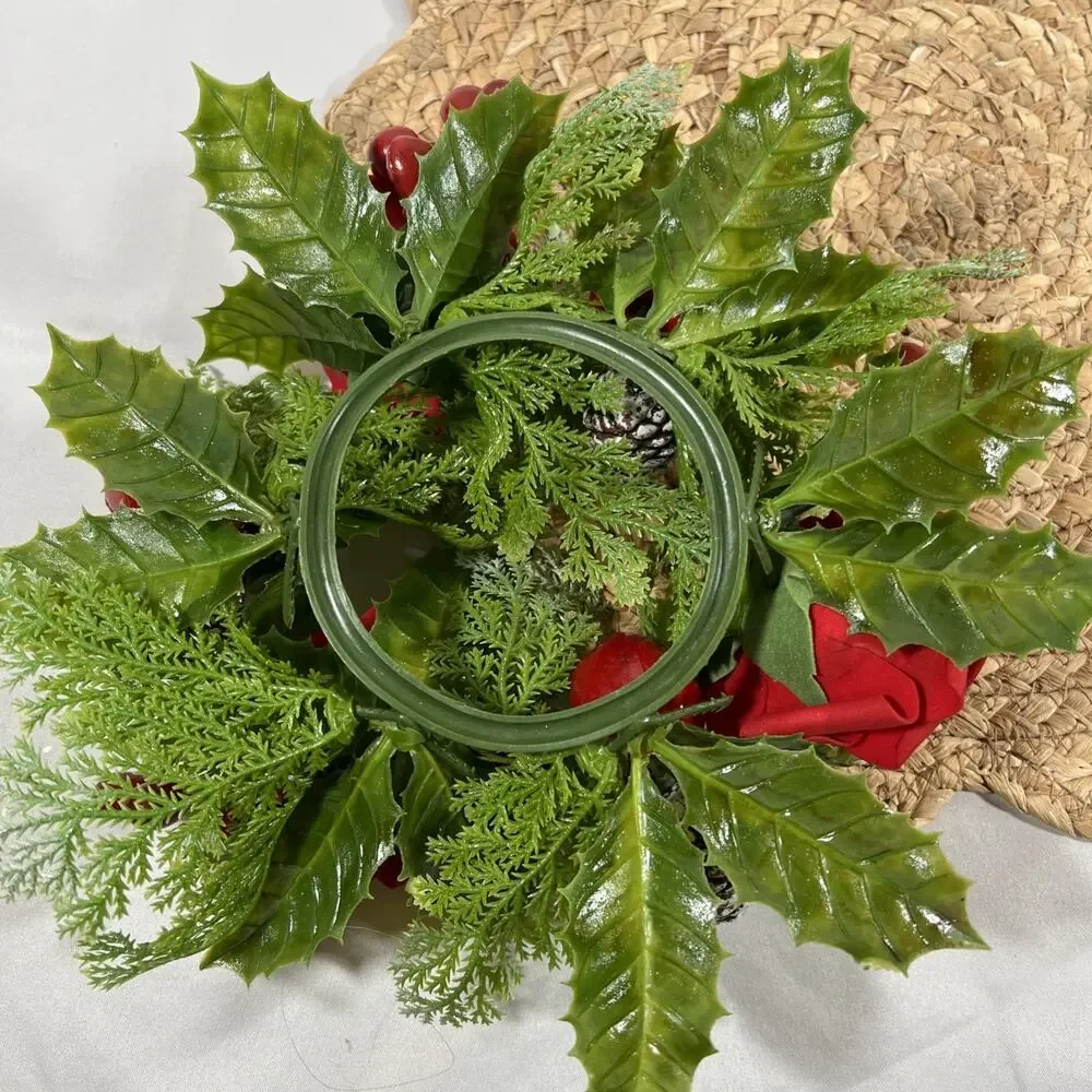 Vintage Candle Ring Wreath MCM Mid Century Mercury Glass Red Roses Berries Holly